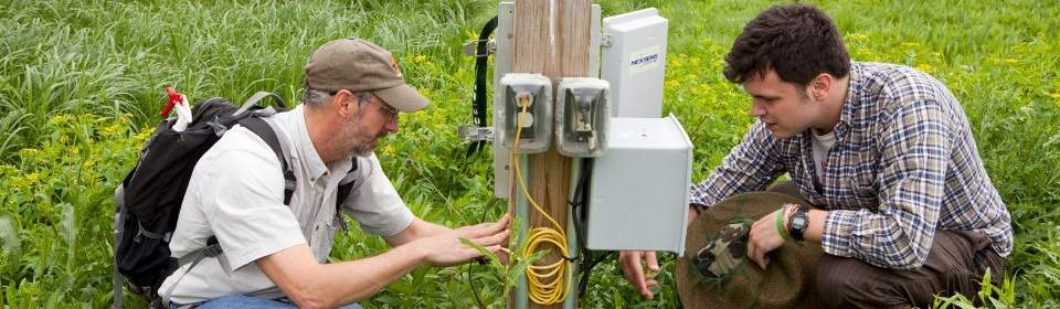 Two individuals working with electrical equipment